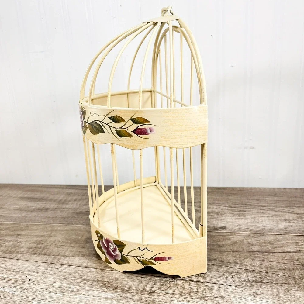 Vintage Hanging Birdcage with Purple Flowers, Cream Wall Decor